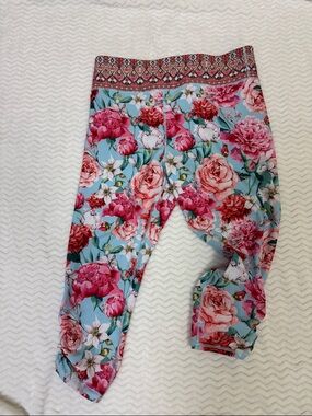 Johnny Was Blue Floral Leggings with Pink Roses